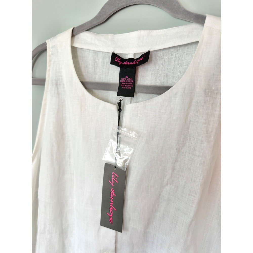 Y2K Lily Stanhope White 100% Linen Button Front Shell Top XL NWT Coastal Grandma - Picture 3 of 5